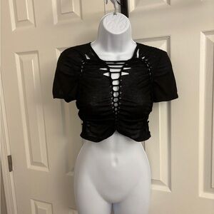 Dollskill Current Mood Black Ruched Cutout Crop Top